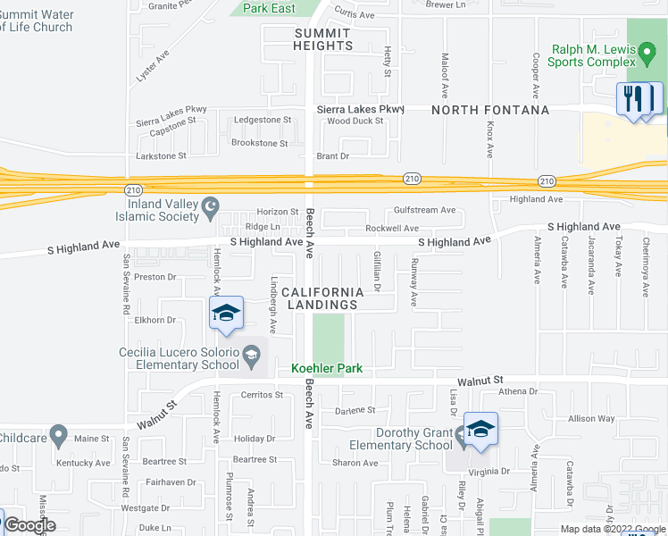 map of restaurants, bars, coffee shops, grocery stores, and more near 6648 Logan Avenue in Fontana