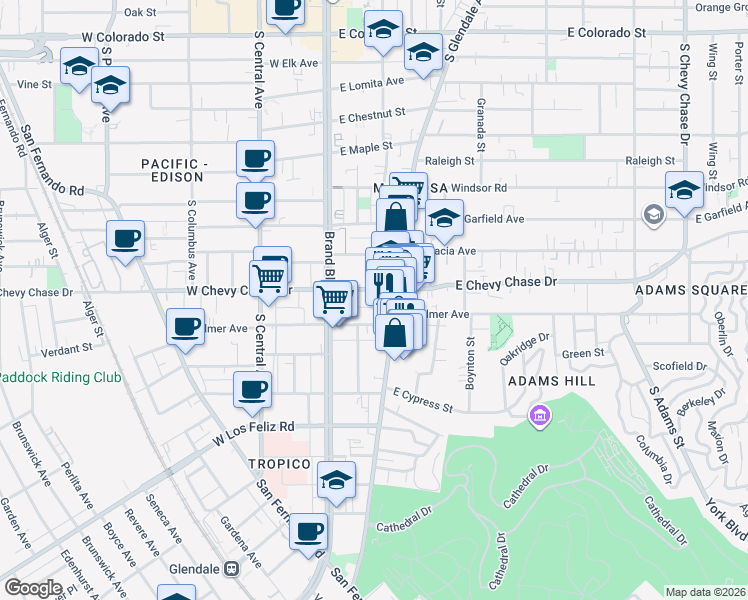map of restaurants, bars, coffee shops, grocery stores, and more near 214 East Chevy Chase Drive in Glendale