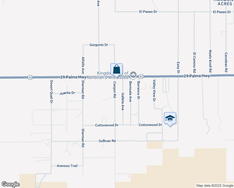 map of restaurants, bars, coffee shops, grocery stores, and more near 6607 Canyon Road in Twentynine Palms
