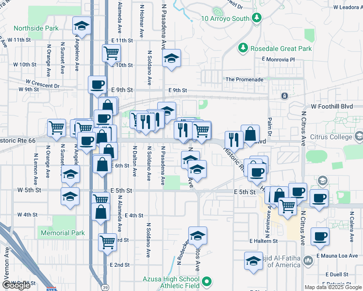 map of restaurants, bars, coffee shops, grocery stores, and more near 580 East Foothill Boulevard in Azusa