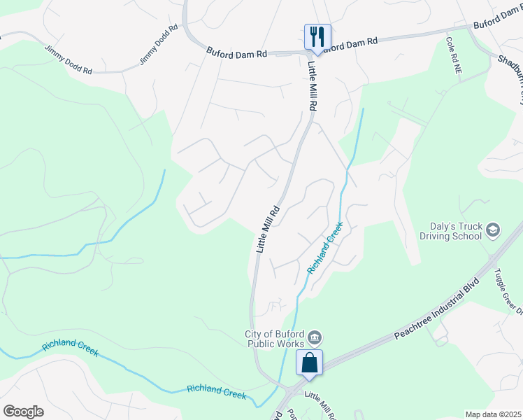 map of restaurants, bars, coffee shops, grocery stores, and more near 5552 Little Mill Road in Buford