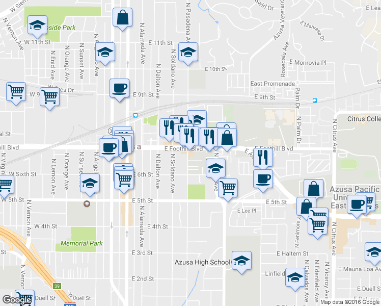 map of restaurants, bars, coffee shops, grocery stores, and more near 502 East Foothill Boulevard in Azusa