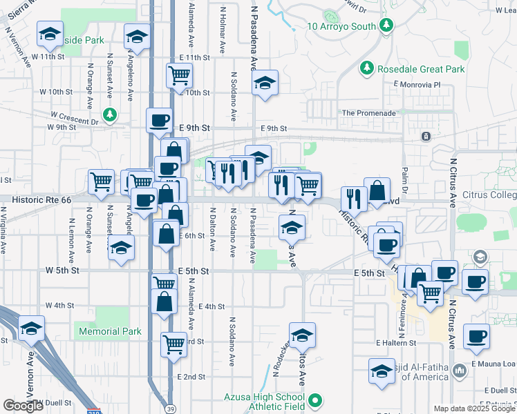 map of restaurants, bars, coffee shops, grocery stores, and more near 502 East Foothill Boulevard in Azusa