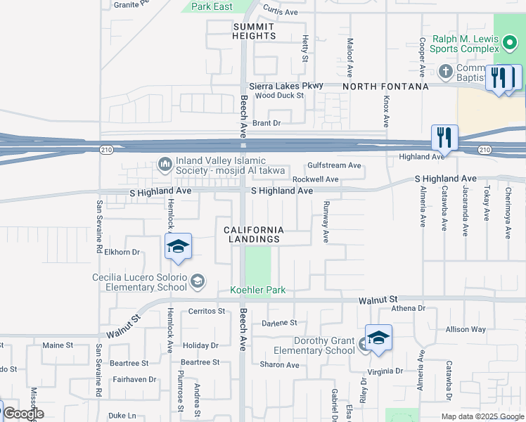 map of restaurants, bars, coffee shops, grocery stores, and more near 6648 Logan Avenue in Fontana
