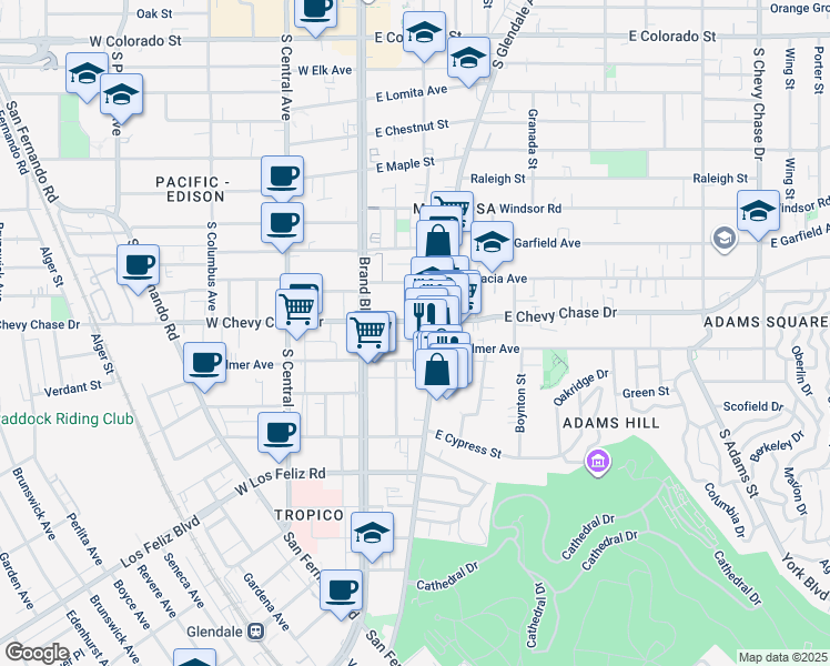 map of restaurants, bars, coffee shops, grocery stores, and more near 1125 South Glendale Avenue in Glendale