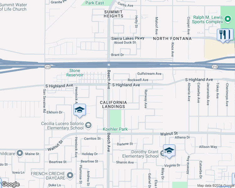 map of restaurants, bars, coffee shops, grocery stores, and more near 6648 Logan Avenue in Fontana