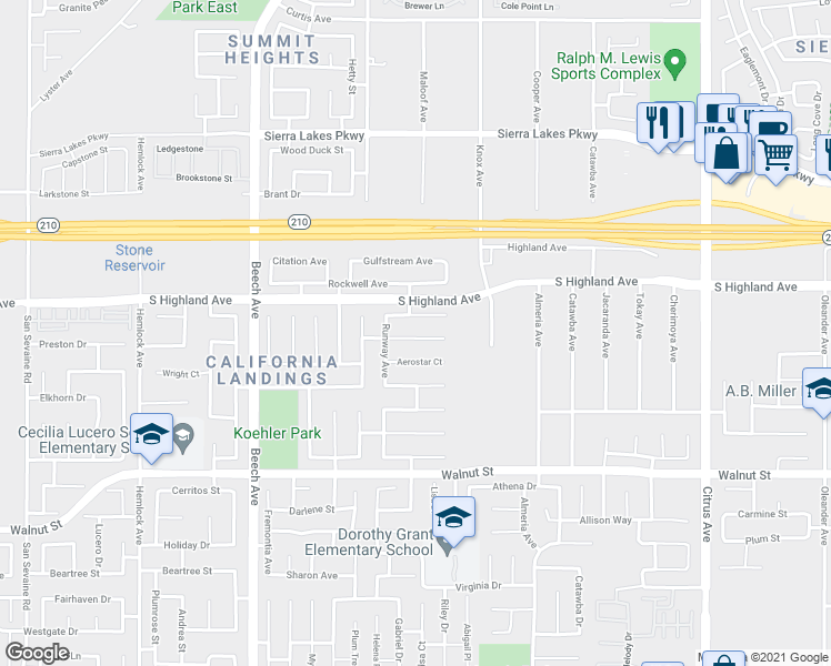map of restaurants, bars, coffee shops, grocery stores, and more near 15584 Caravelle Avenue in Fontana
