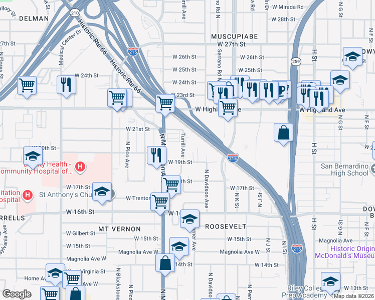 map of restaurants, bars, coffee shops, grocery stores, and more near 1963 Turrill Avenue in San Bernardino