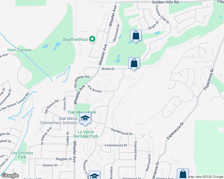 map of restaurants, bars, coffee shops, grocery stores, and more near 6001 Vía De Mansion in La Verne