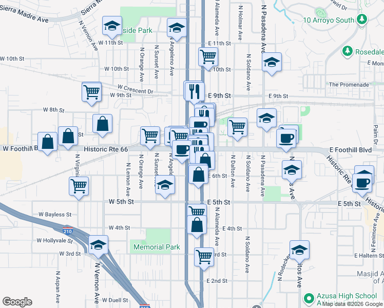map of restaurants, bars, coffee shops, grocery stores, and more near 619 North San Gabriel Avenue in Azusa