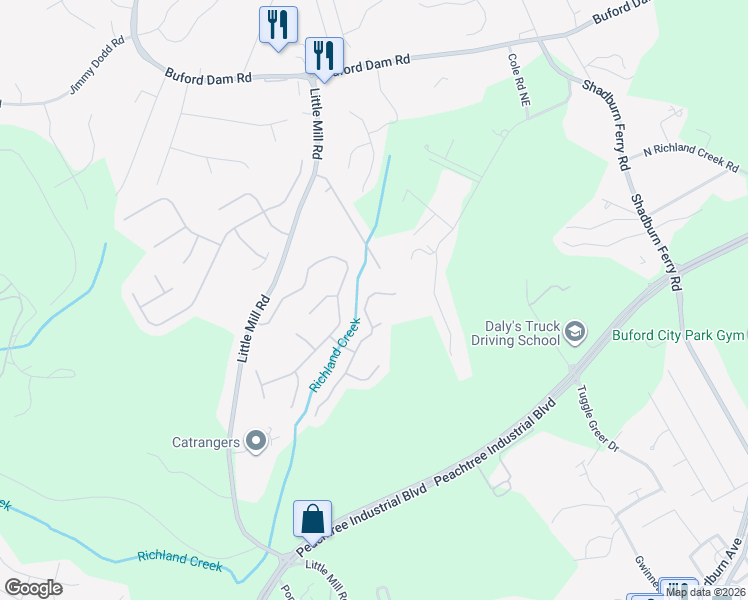 map of restaurants, bars, coffee shops, grocery stores, and more near 5611 Skylar Creek Lane Northeast in Buford