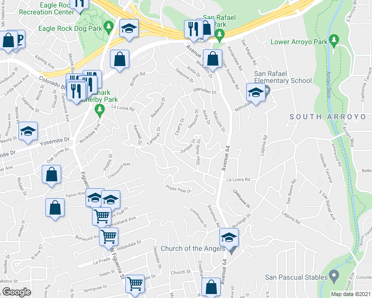 map of restaurants, bars, coffee shops, grocery stores, and more near Cheviotdale Dr & Juniper Dr in Pasadena