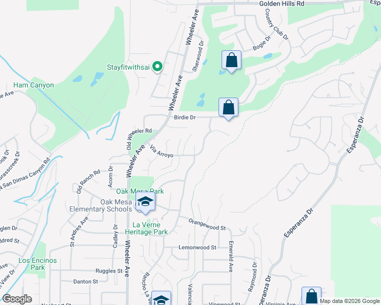 map of restaurants, bars, coffee shops, grocery stores, and more near 6001 Vía De Mansion in La Verne