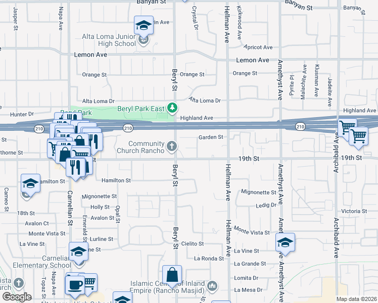 map of restaurants, bars, coffee shops, grocery stores, and more near 9151 Heather Street in Rancho Cucamonga