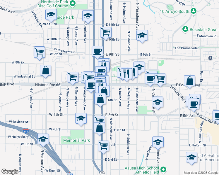 map of restaurants, bars, coffee shops, grocery stores, and more near 620 North Alameda Avenue in Azusa