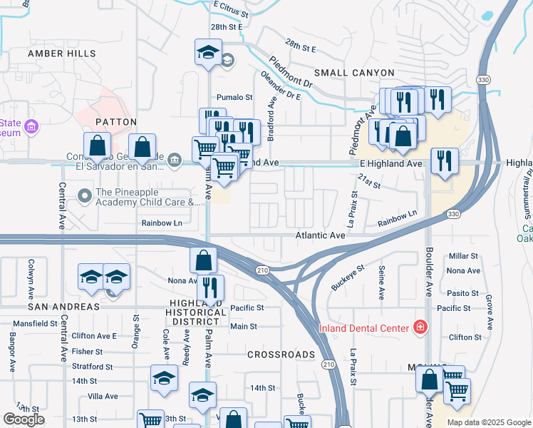 map of restaurants, bars, coffee shops, grocery stores, and more near 3850 Atlantic Avenue in Highland