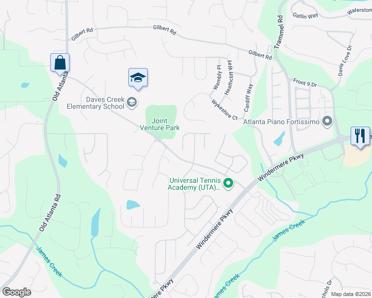 map of restaurants, bars, coffee shops, grocery stores, and more near 3630 Silver Springs Road in Cumming