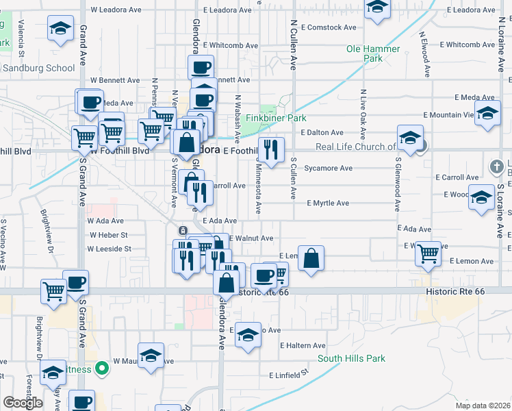 map of restaurants, bars, coffee shops, grocery stores, and more near 235 South Minnesota Avenue in Glendora