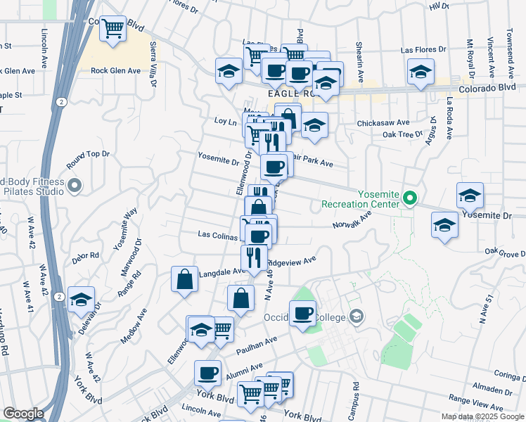 map of restaurants, bars, coffee shops, grocery stores, and more near 4825 Eagle Rock Boulevard in Los Angeles