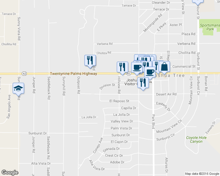 map of restaurants, bars, coffee shops, grocery stores, and more near 61498 Desert Air Road in Joshua Tree