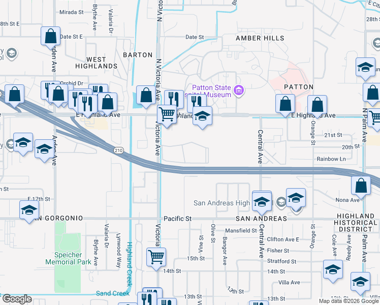 map of restaurants, bars, coffee shops, grocery stores, and more near 6601 Victoria Avenue in Highland