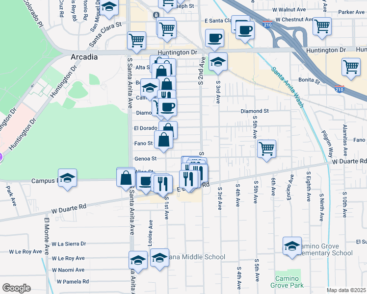 map of restaurants, bars, coffee shops, grocery stores, and more near 151 Genoa Street in Arcadia