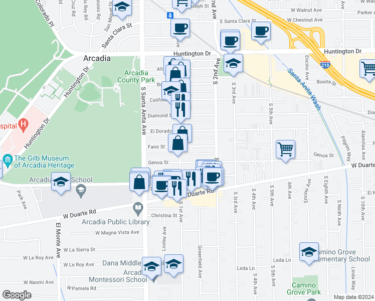 map of restaurants, bars, coffee shops, grocery stores, and more near 115 Genoa Street in Arcadia