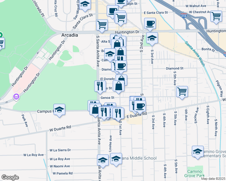 map of restaurants, bars, coffee shops, grocery stores, and more near 53 Genoa Street in Arcadia