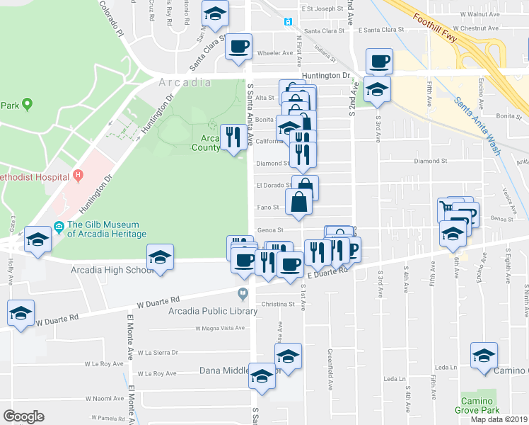 map of restaurants, bars, coffee shops, grocery stores, and more near 15 Genoa Street in Arcadia