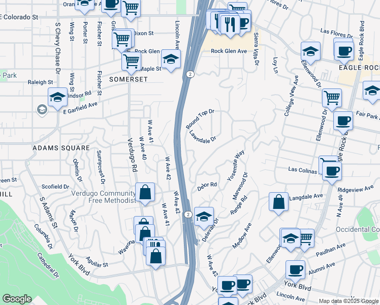 map of restaurants, bars, coffee shops, grocery stores, and more near 2862 Palmer Drive in Los Angeles