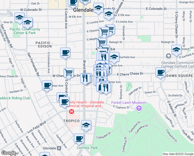 map of restaurants, bars, coffee shops, grocery stores, and more near 1125 South Glendale Avenue in Glendale