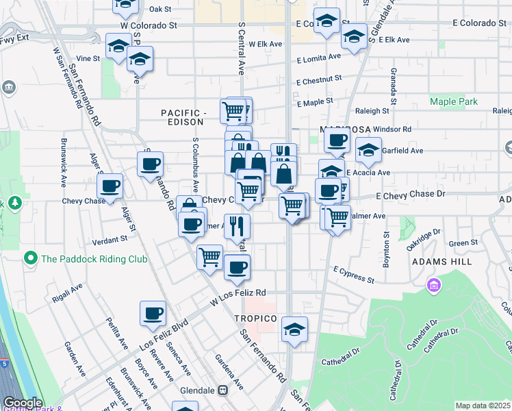 map of restaurants, bars, coffee shops, grocery stores, and more near 215 West Palmer Avenue in Glendale