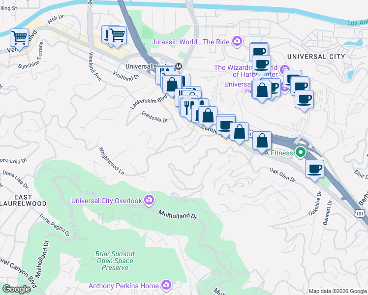map of restaurants, bars, coffee shops, grocery stores, and more near 3705 Fredonia Drive in Los Angeles