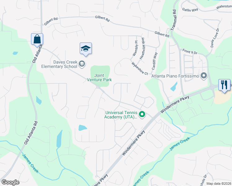 map of restaurants, bars, coffee shops, grocery stores, and more near 3630 Silver Springs Road in Cumming