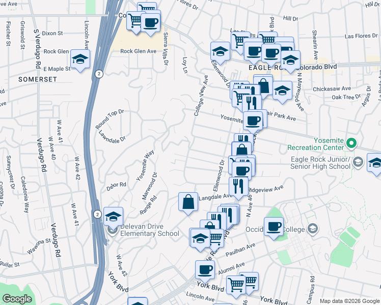map of restaurants, bars, coffee shops, grocery stores, and more near 4702 College View Avenue in Los Angeles