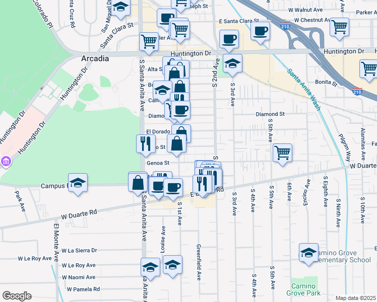 map of restaurants, bars, coffee shops, grocery stores, and more near 118 Fano Street in Arcadia