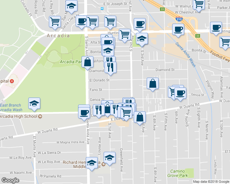 map of restaurants, bars, coffee shops, grocery stores, and more near 118 Fano Street in Arcadia