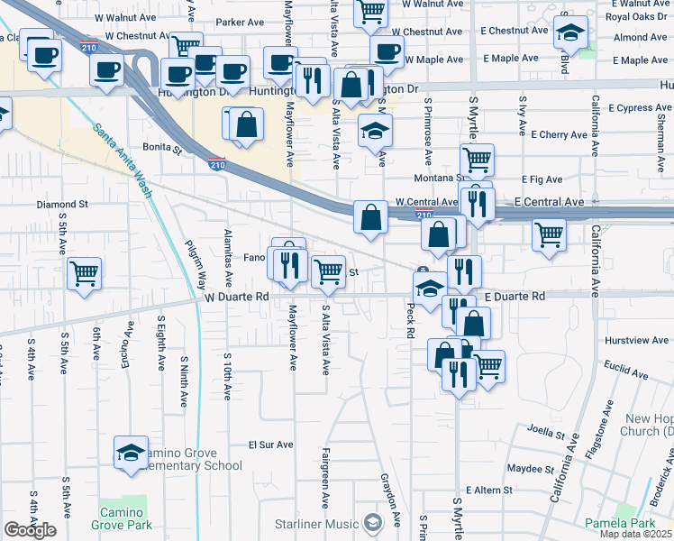 map of restaurants, bars, coffee shops, grocery stores, and more near 345 Genoa Street in Monrovia