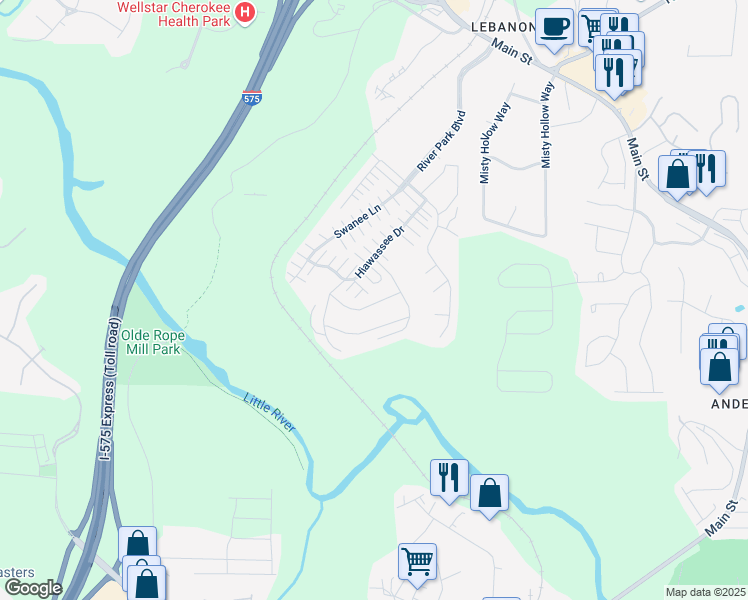 map of restaurants, bars, coffee shops, grocery stores, and more near 423 Chatooga Lane in Woodstock