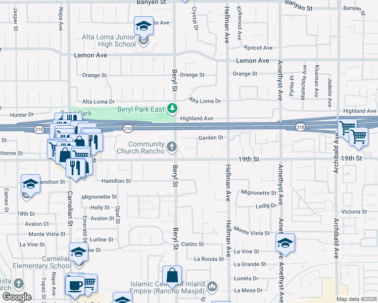 map of restaurants, bars, coffee shops, grocery stores, and more near 9151 Heather Street in Rancho Cucamonga