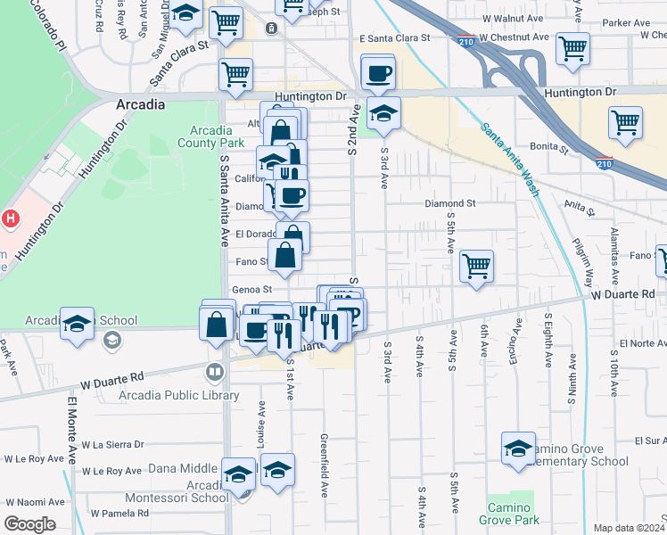 map of restaurants, bars, coffee shops, grocery stores, and more near 150 Fano Street in Arcadia