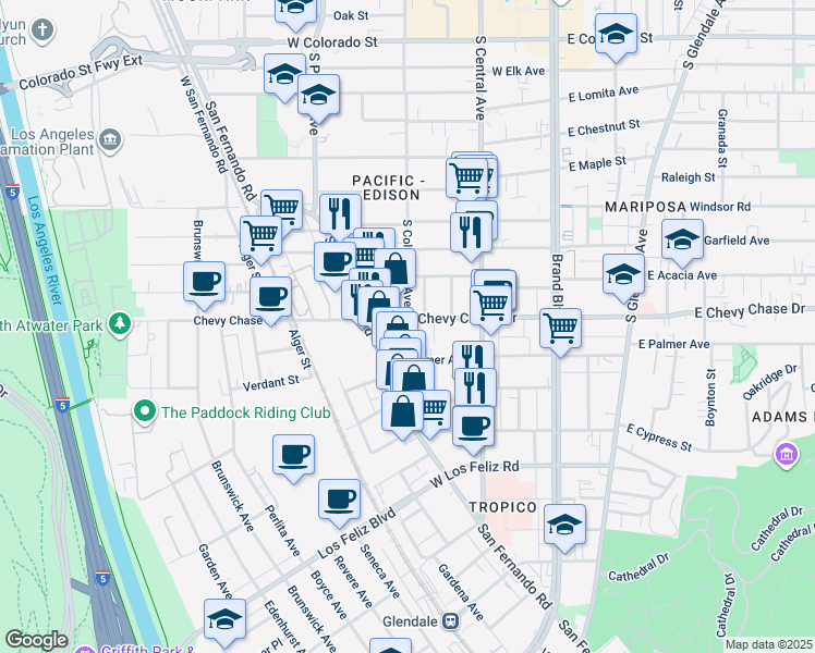 map of restaurants, bars, coffee shops, grocery stores, and more near 4400 San Fernando Road in Glendale