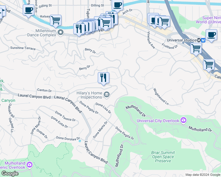 map of restaurants, bars, coffee shops, grocery stores, and more near 3380 Berry Drive in Los Angeles