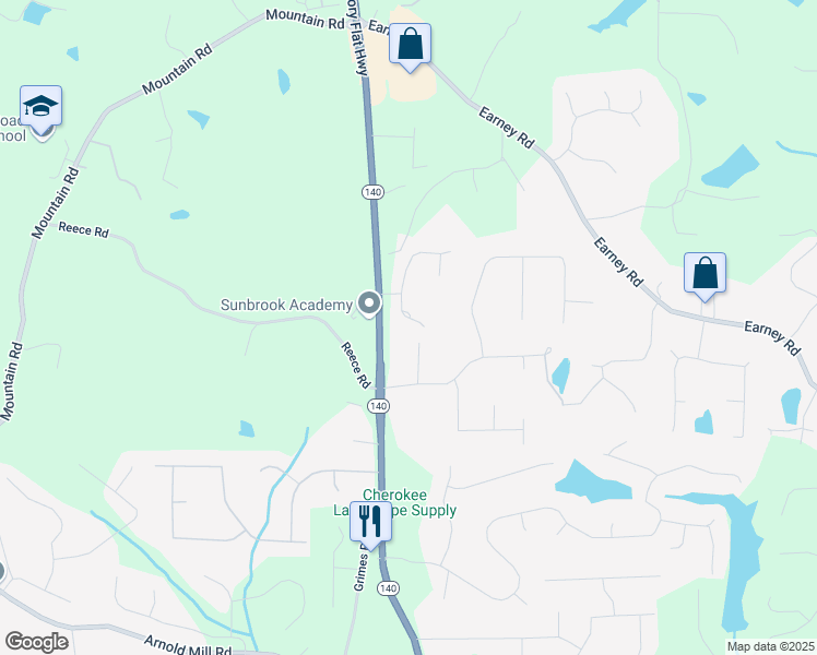 map of restaurants, bars, coffee shops, grocery stores, and more near 203 Kingsley Way in Woodstock