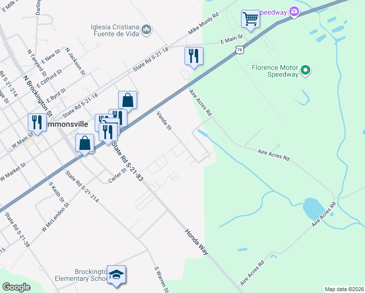 map of restaurants, bars, coffee shops, grocery stores, and more near 428 Vanda Street in Timmonsville