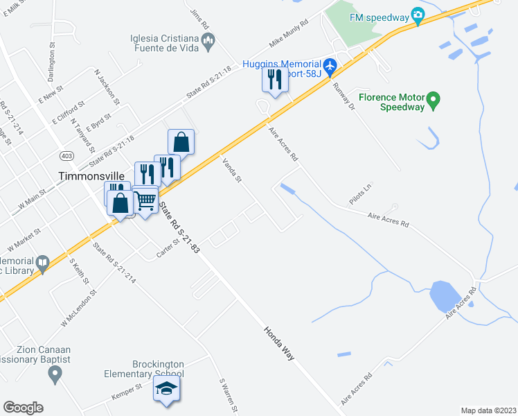 map of restaurants, bars, coffee shops, grocery stores, and more near 410 Vanda Street in Timmonsville