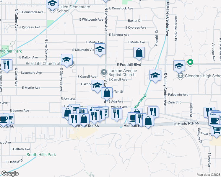 map of restaurants, bars, coffee shops, grocery stores, and more near 258 South Loraine Avenue in Glendora