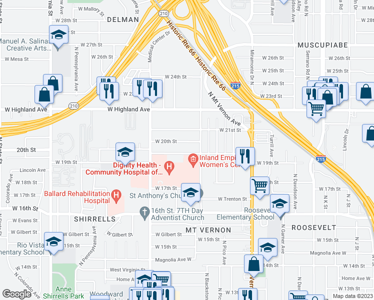 map of restaurants, bars, coffee shops, grocery stores, and more near 1541 Goodlett Street in San Bernardino