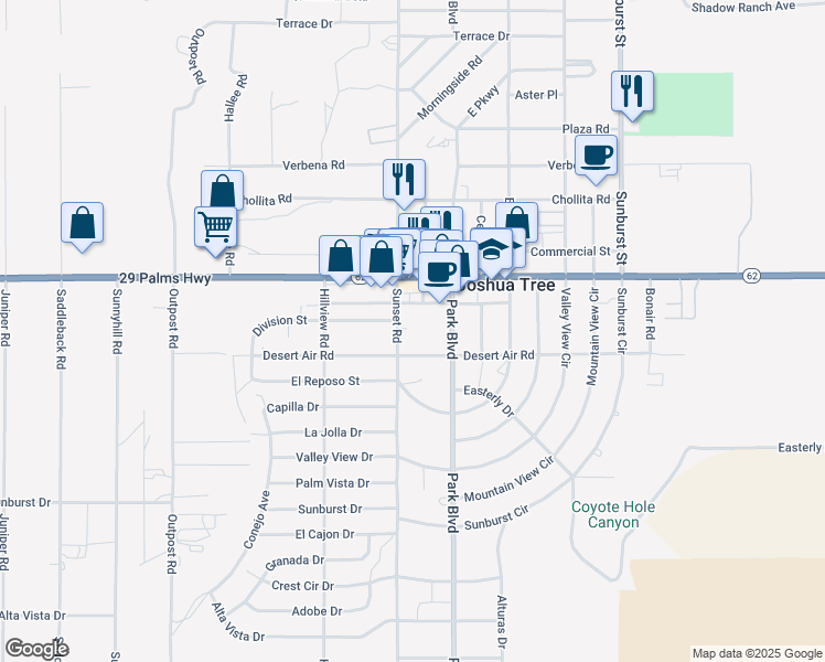 map of restaurants, bars, coffee shops, grocery stores, and more near 6587 Sunset Road in Joshua Tree