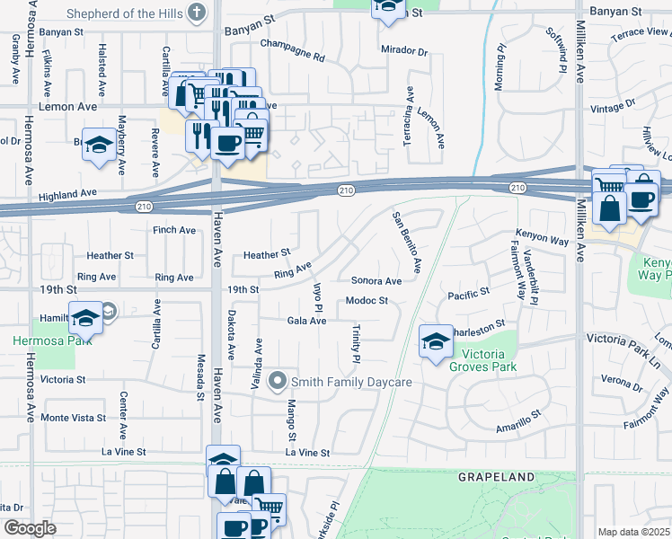 map of restaurants, bars, coffee shops, grocery stores, and more near 6660 Kern Place in Rancho Cucamonga